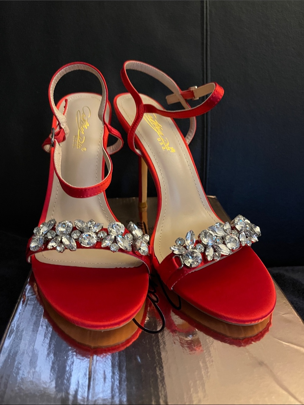 Cathy Din Women’s 4.5” Red Crystal Embellished Ankle Strap Sandals Sz 9 NWB